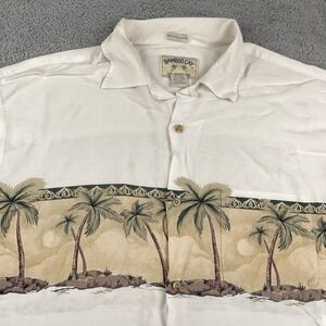VINTAGE Bamboo Cay Shirt Mens Extra Large White Hawaiian Rayon Palm Tree Beach